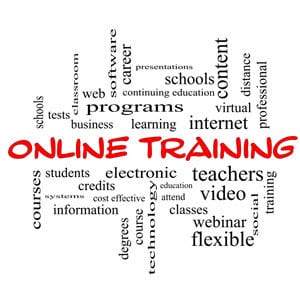 Online Training Word Cloud Concept in red caps with great terms such as electronic, education, video and more.
