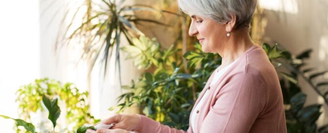 happy woman taking care of her houseplants